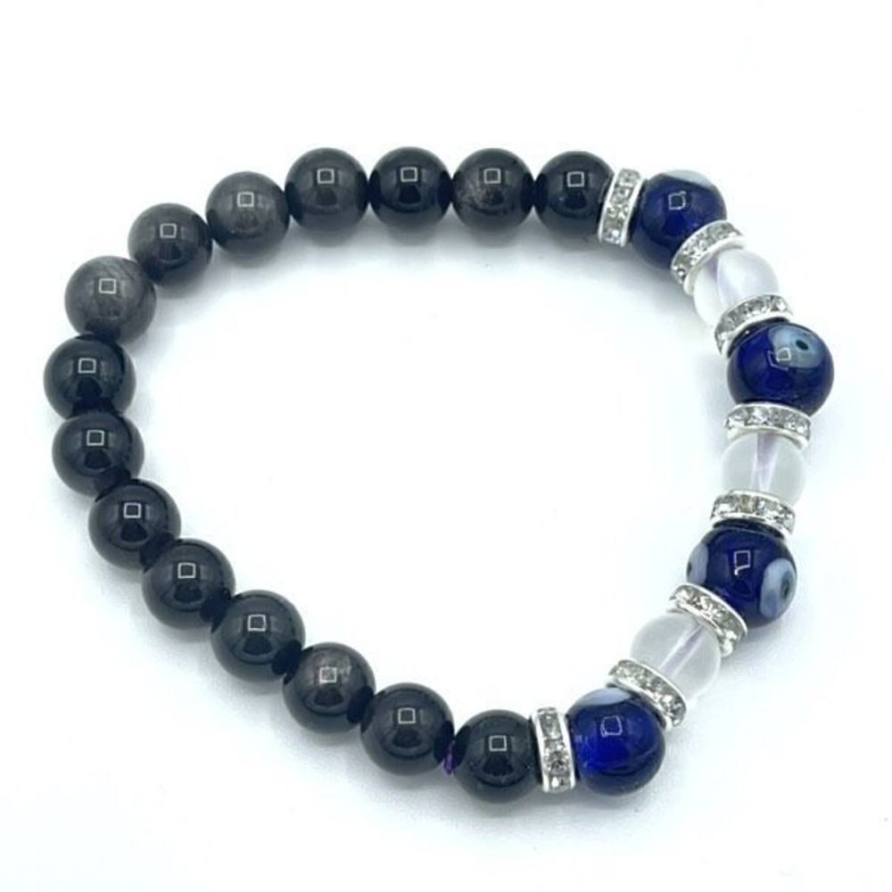 Crystal beaded stretch bracelet ONE NEW evil eye silver obsidian reiki meditatio